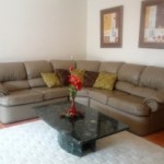 Lounge room with brown leather couch